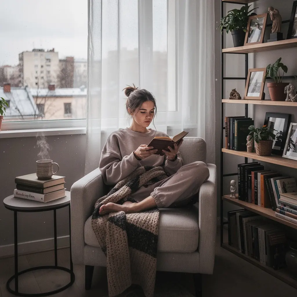 Спальня с функциональной мебелью и яркими источниками света, создающими атмосферу.