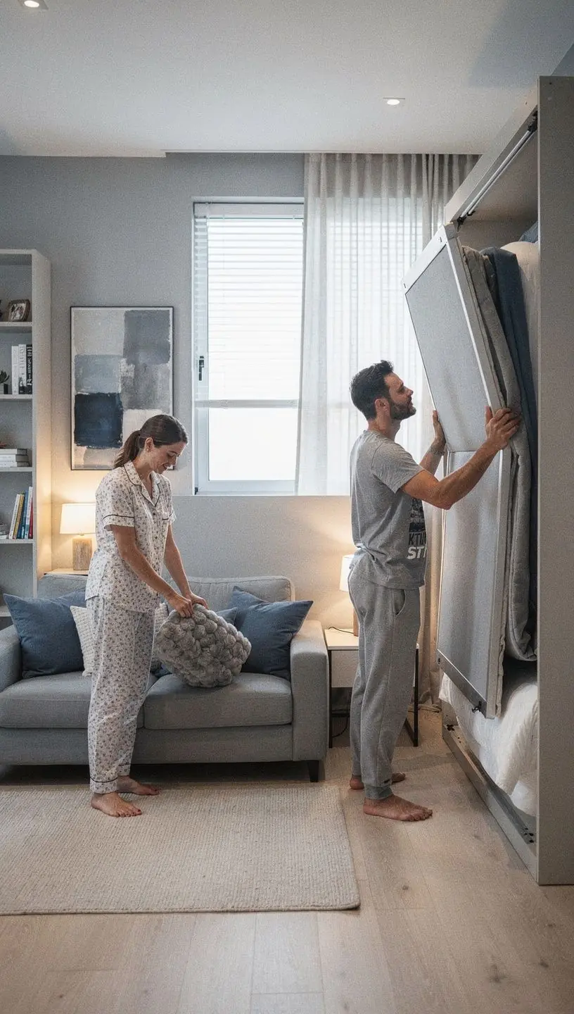 Уютная гостиная с умным освещением и скрытыми системами хранения.