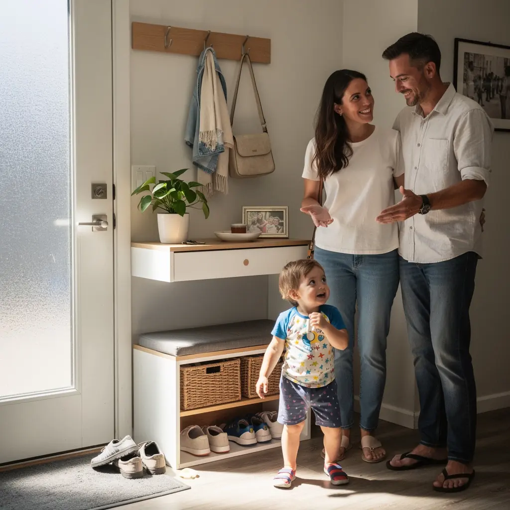 Прихожая с многофункциональными решениями для хранения и декоративными лампами.